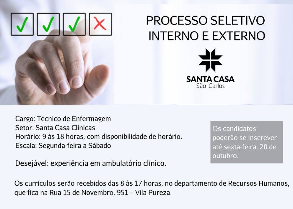 EMPREGO - PROCESSO SELETIVO INTERNO E EXTERNO SANTA CASA DE SÃO CARLOS ...